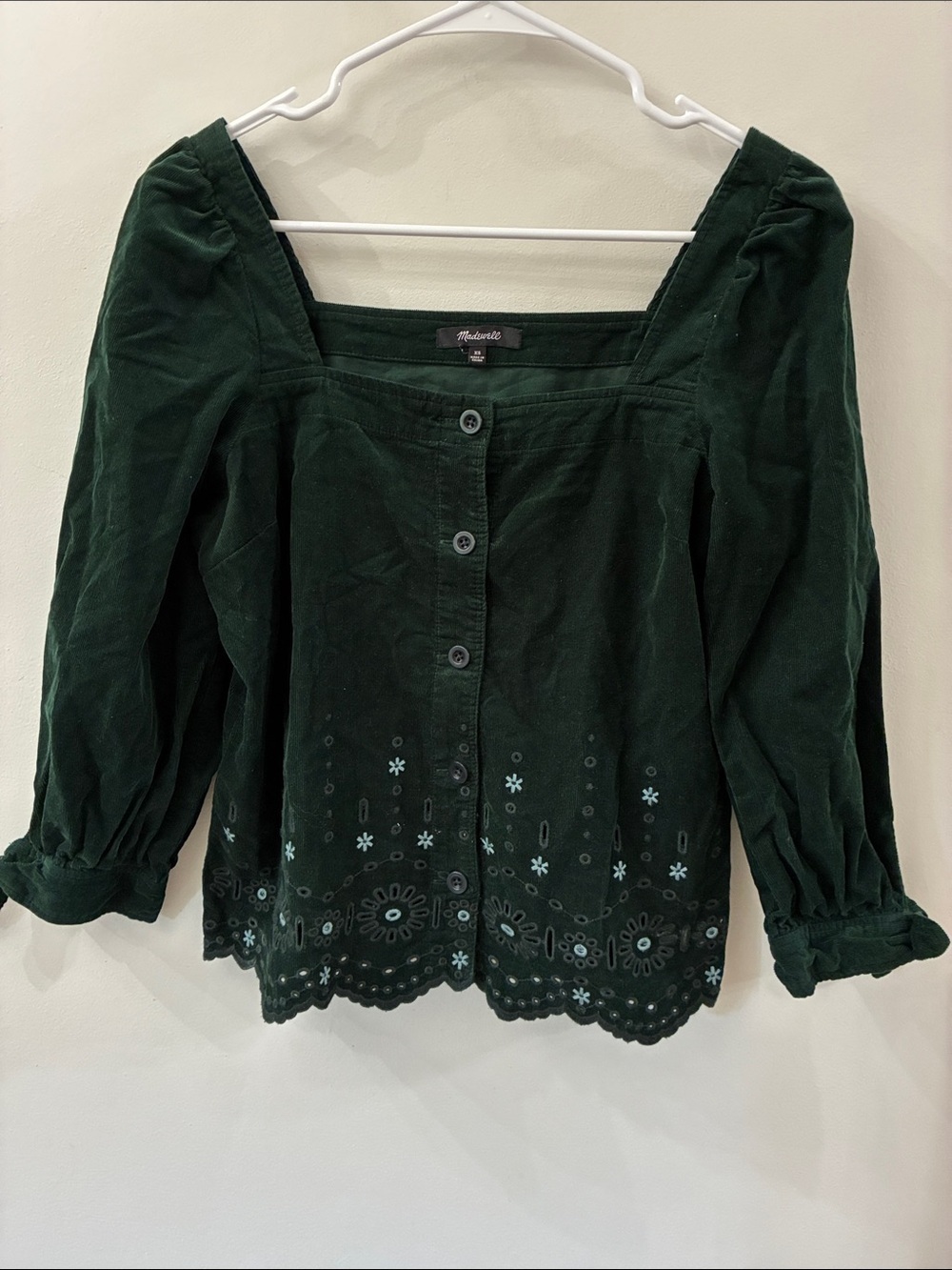 Madewell Dark Green Embroidered Button-Front Women's Top - XS - 100% cotton